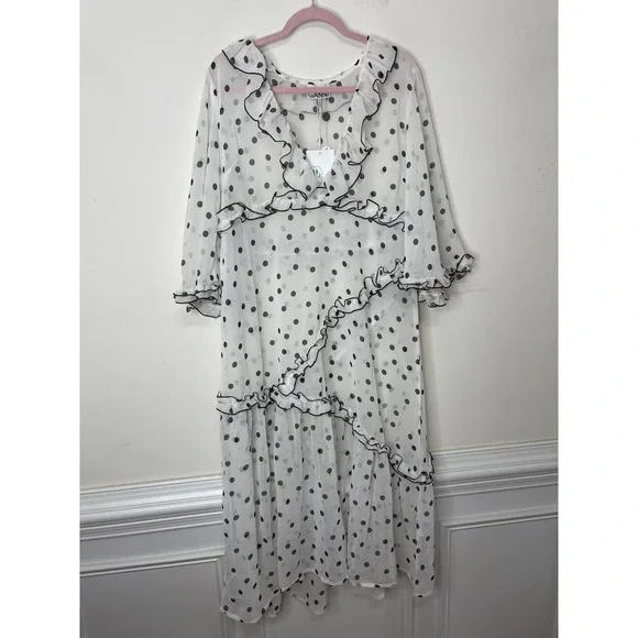 GANNI Ruffled Chiffon Midi Dress White Polka Dot 40/US 10 Half Sleeve V-Neck